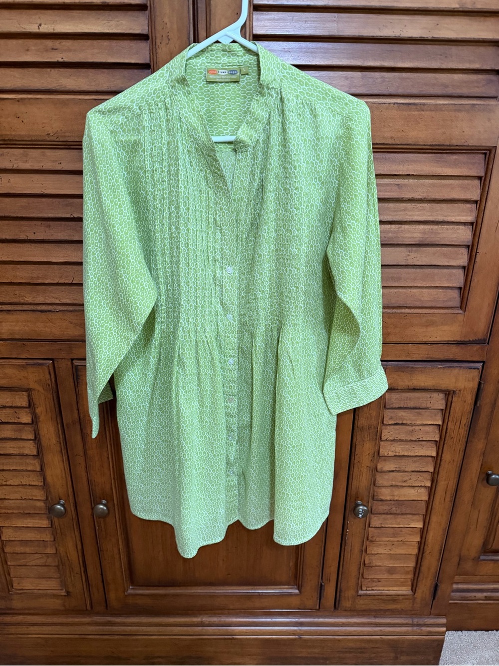 Lime Green/White Women's Pintuck Pleat Button-Front Tunic Blouse/Coverup